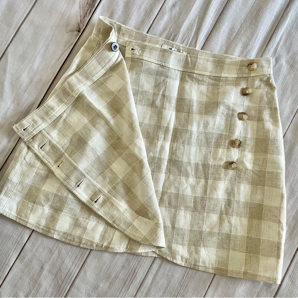 NWT Madewell Linen Skirt Women’s 4 Cream Tulip Wrap Mini Neutral Gingham Preppy - Picture 9 of 13
